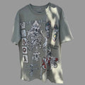 Gray t-shirt with skeleton design hanging under a white tent